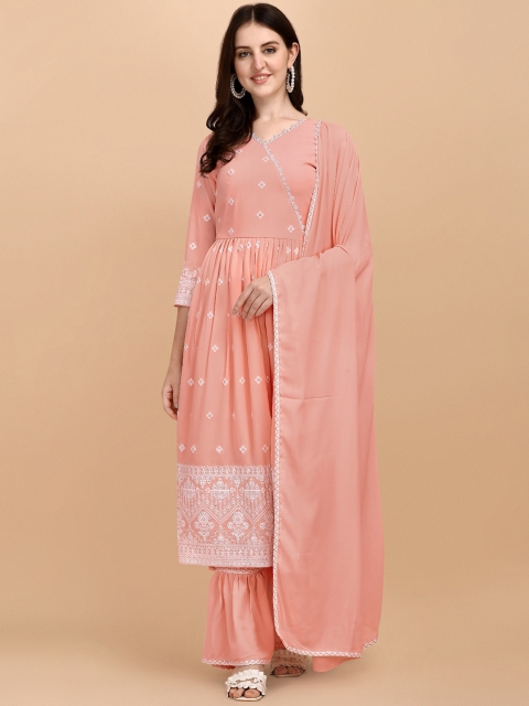 

MOKOSH Women Peach-Coloured Printed Pleated Kurti with Sharara