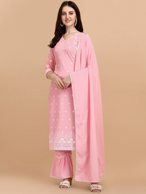 

MOKOSH Women Pink Floral Embroidered Angrakha Kurti with Sharara & With Dupatta