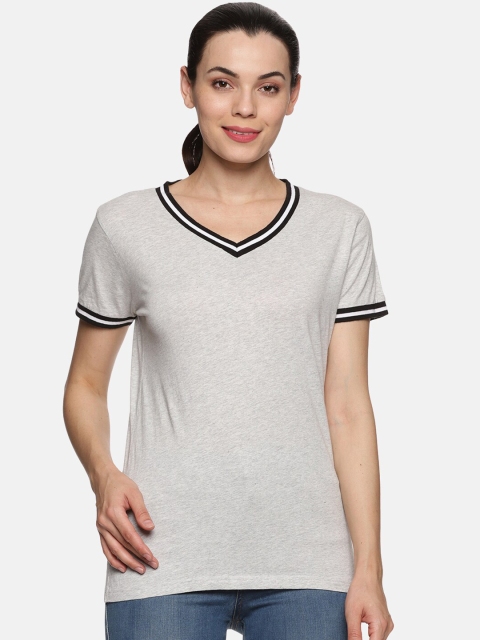 

NOT YET by us Women Grey Melange V-Neck Raw Edge T-shirt