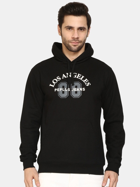 

PEPLOS Men Black Printed Hooded Sweatshirt