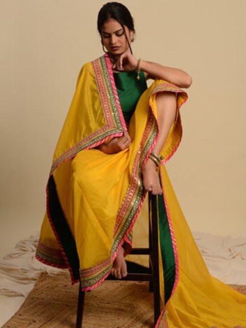 

Desi Weavess Yellow & Pink Art Silk Dupatta with Gotta Patti