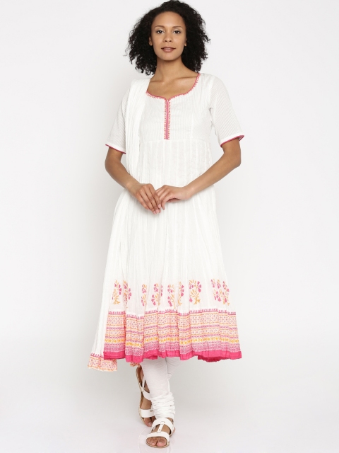 

Biba Women White & Pink Printed Kurta with Churidar & Dupatta