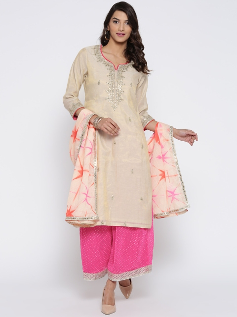 

Biba Beige & Pink Yoke Design Kurta with Palazzos & Dupatta