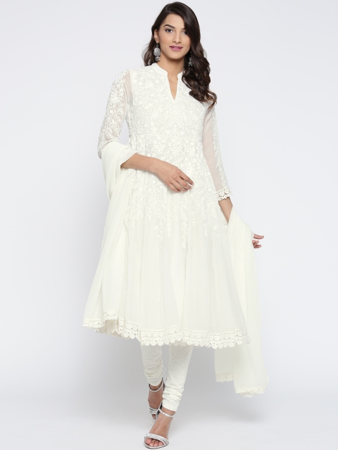 

Biba White Embroidered Anarkali Churidar Kurta with Dupatta