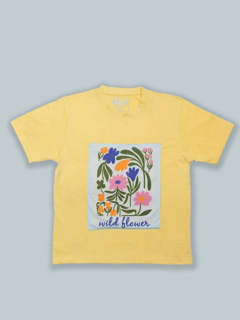 

GOJI Kids Yellow Printed V-Neck Applique T-shirt