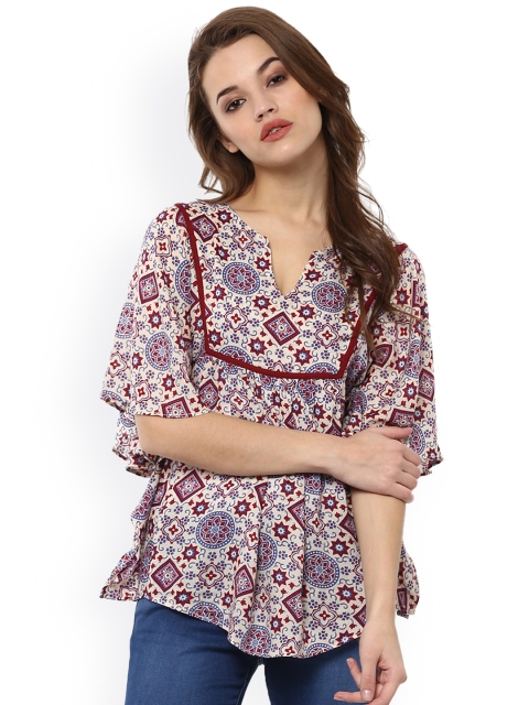 

MIWAY Women Off-White & Maroon Printed Kaftan Top