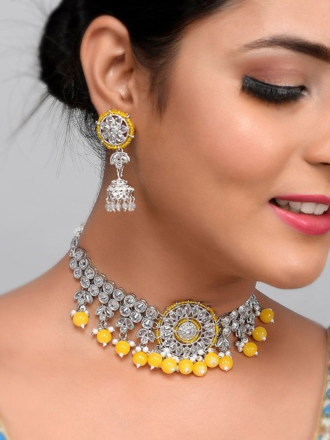 

AQUASTREET Women Yellow & Silver-Plated AD Studded Jewellery Set