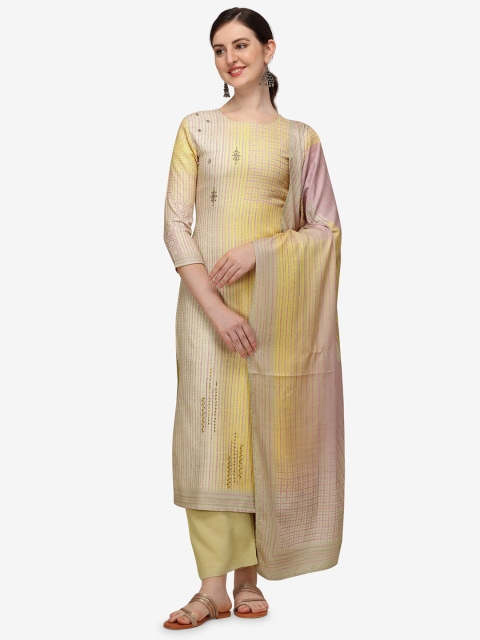 

Jansi Yellow & Pink Printed Viscose Rayon Unstitched Dress Material