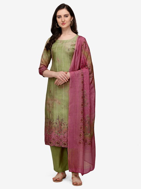 

Jansi Green & Pink Embellished Unstitched Dress Material