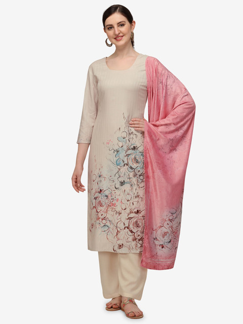 

Jansi Cream-Coloured & Blue Printed Viscose Rayon Unstitched Dress Material