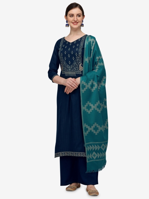 

Jansi Navy Blue & Green Embroidered Viscose Rayon Unstitched Dress Material