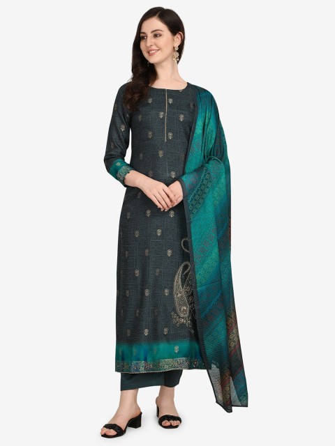 

Jansi Navy Blue & Green Embellished Unstitched Dress Material