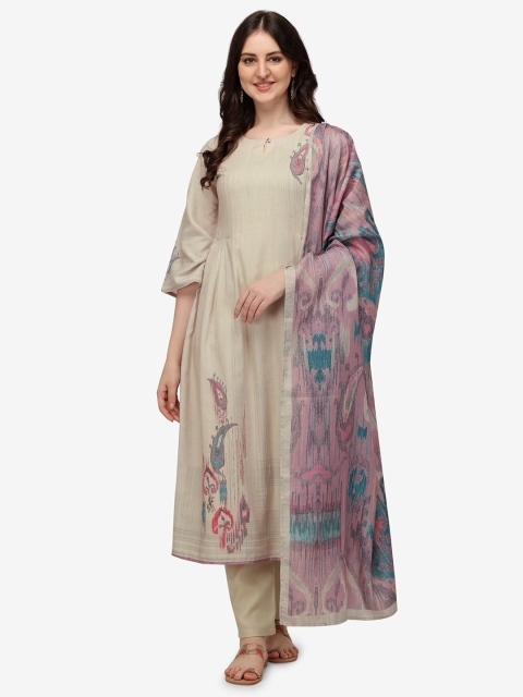 

Jansi Cream-Coloured & Pink Printed Viscose Rayon Unstitched Dress Material