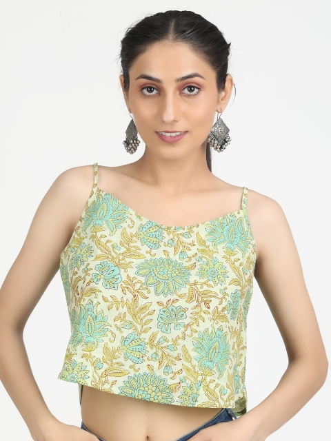 

Llajja Women Sea Green Block Printed Cotton Saree Blouse