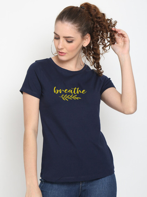 

UnaOne Women Plus Size Blue Printed Applique Slim Fit Outdoor T-shirt