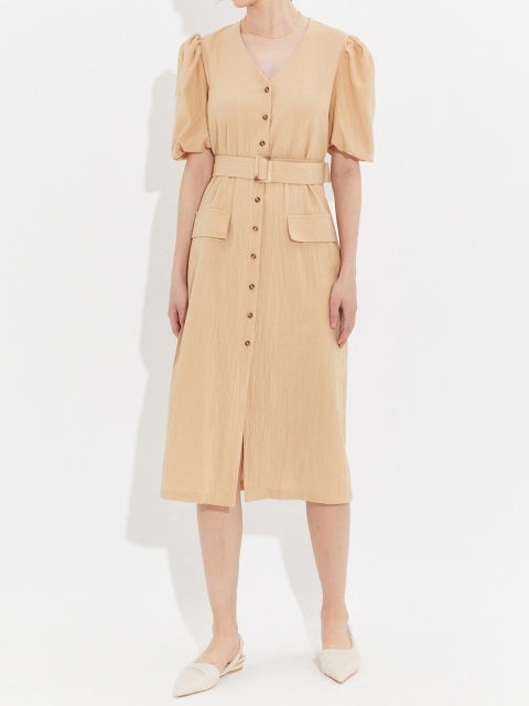 

URBANIC Khaki Striped A-Line Midi Dress