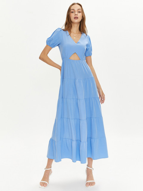 

URBANIC Blue Solid Tiered Front Cut Out Maxi Dress