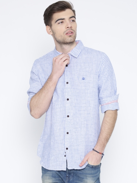 

United Colors of Benetton Men Blue Linen Checked Casual Shirt