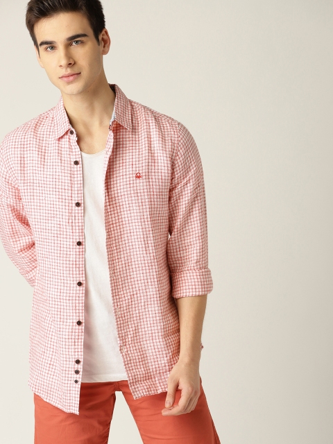

United Colors of Benetton Men White & Red Checked Linen Casual Shirt