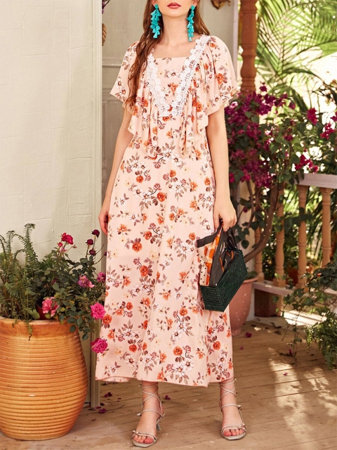 

URBANIC Pink Floral A-Line Maxi Dress