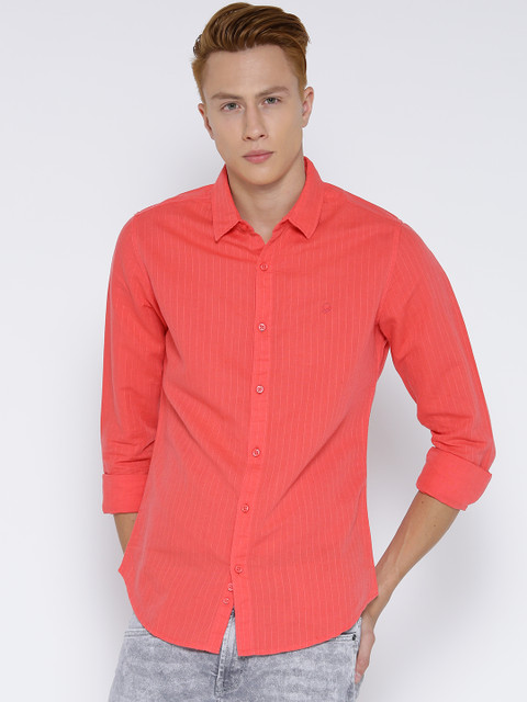 

United Colors of Benetton Men Coral Orange Striped Casual Shirt