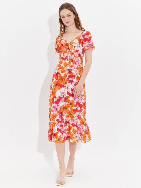

URBANIC Orange Floral A-Line Midi Dress