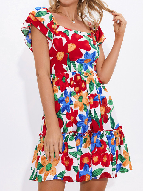 

URBANIC Multicoloured Floral Printed Tiered Dress, Multi