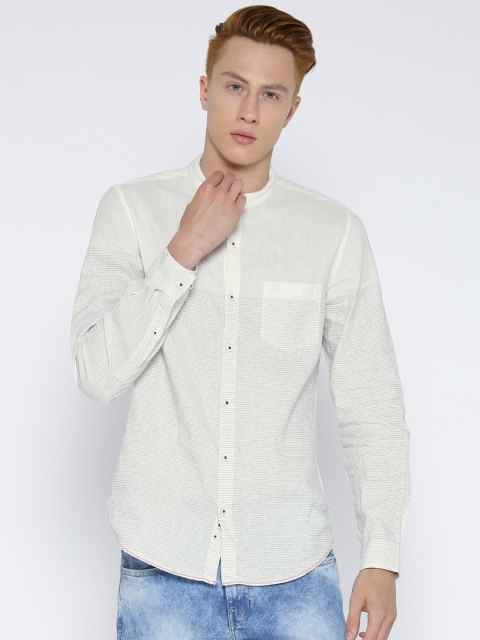 

United Colors of Benetton Men Cream-Coloured Striped Casual Shirt