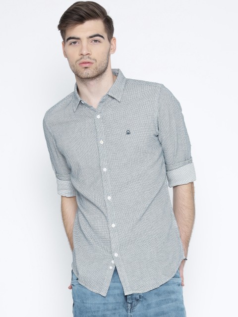 

United Colors of Benetton Men Navy & White Self-Design Casual Shirt, Navy blue