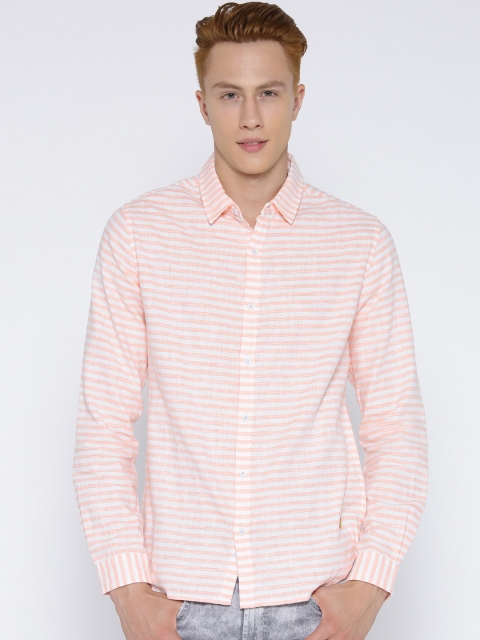 

United Colors of Benetton Men Peach-Coloured & Off-White Striped Casual Shirt