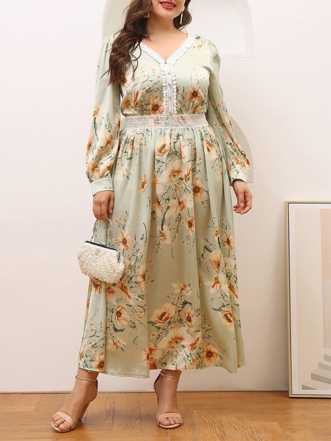 

URBANIC Gold-Toned Floral A-Line Midi Dress