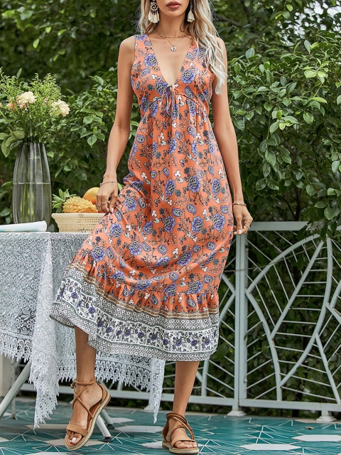 

URBANIC Pink Floral A-Line Midi Dress