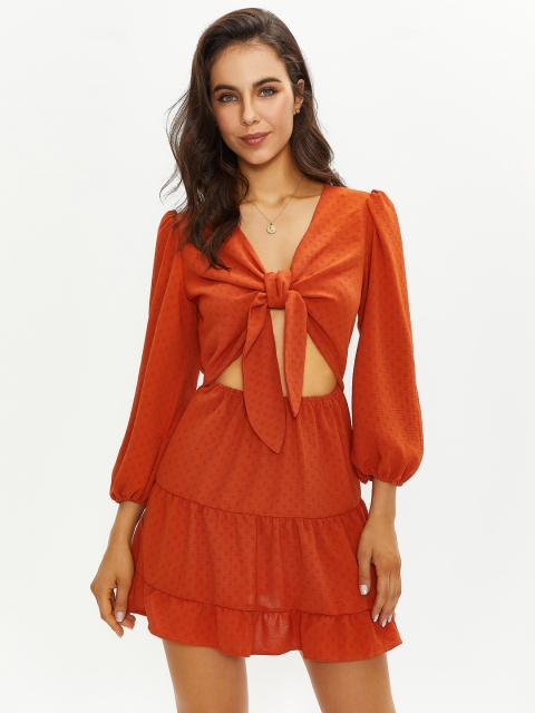 

URBANIC Orange Solid Tie-Up Neck Tiered Mini Dress
