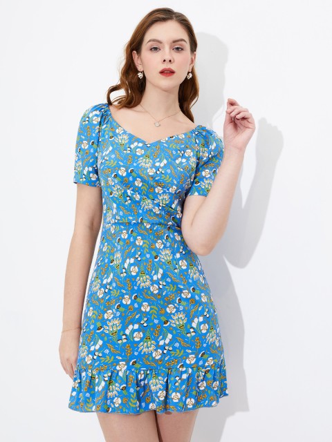 

URBANIC Women Blue Floral Printed Mini Fit & Flare Dress