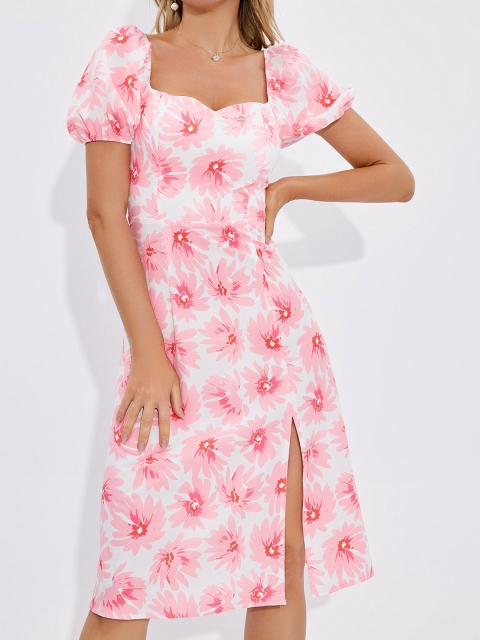 

URBANIC Pink Floral A-Line Midi Dress