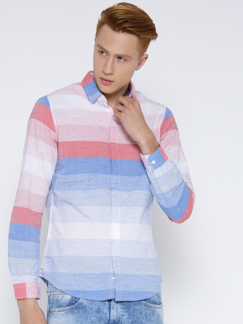 

United Colors of Benetton Men Blue & Pink Striped Casual Shirt