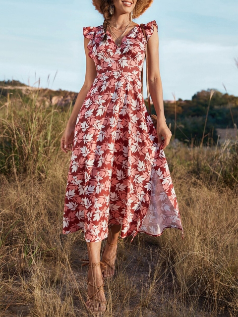 

URBANIC Red Floral Midi Dress