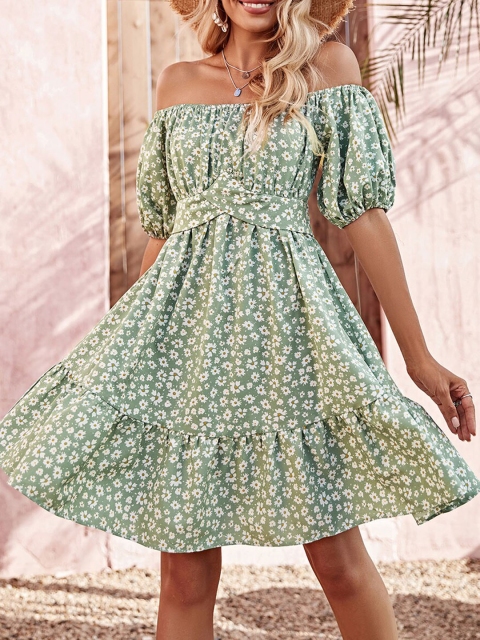 

URBANIC Green Floral Off-Shoulder A-Line Dress