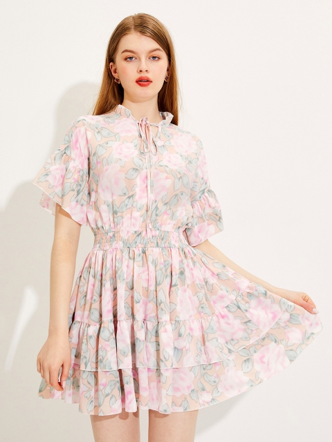 

URBANIC Pink Floral Tie-Up Neck Mini Dress
