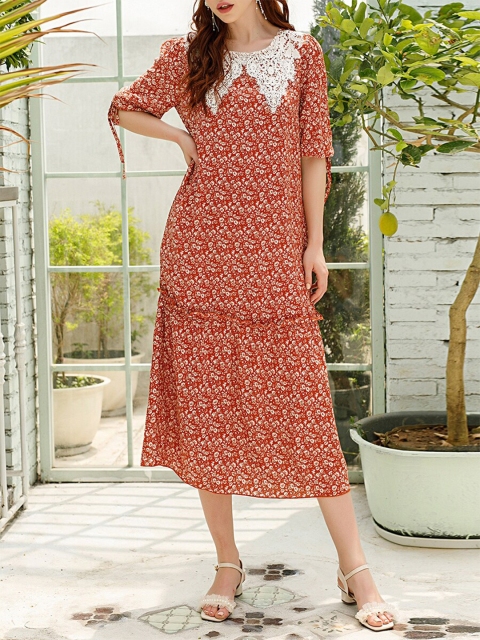 

URBANIC Red Floral A-Line Midi Dress