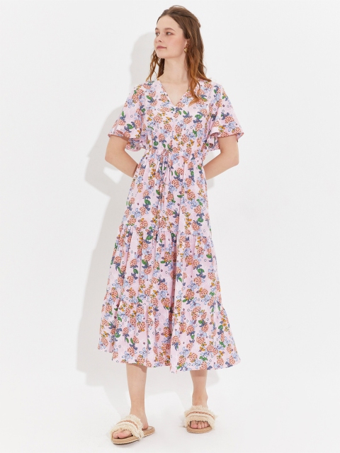 

URBANIC Pink Floral A-Line Midi Dress
