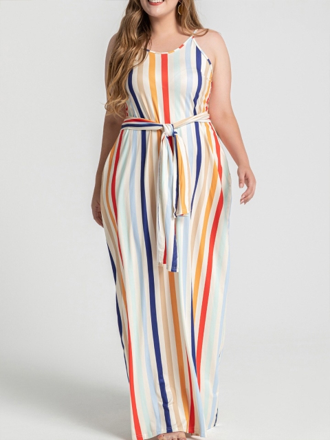 

URBANIC Multicoloured Striped A-Line Midi Dress, Multi