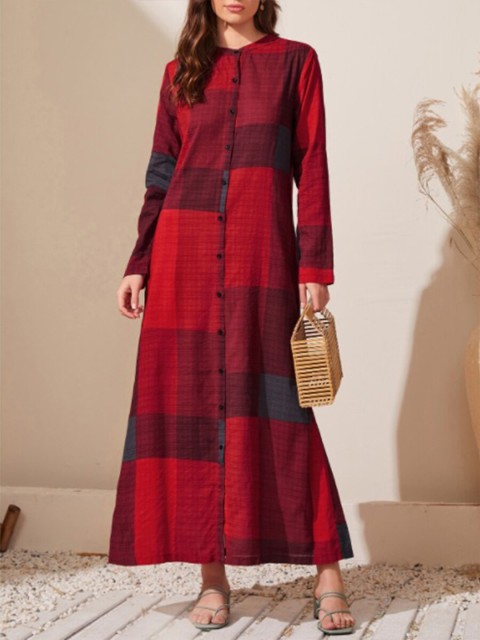 

URBANIC Red Checked A-Line Midi Dress