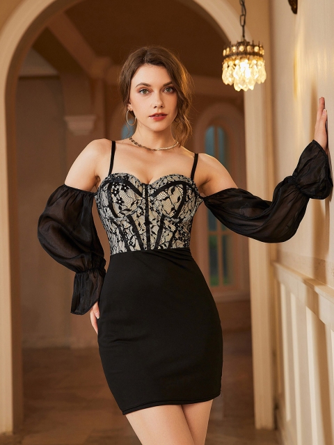 

URBANIC Women Black & Cream Off-Shoulder Bodycon Dress