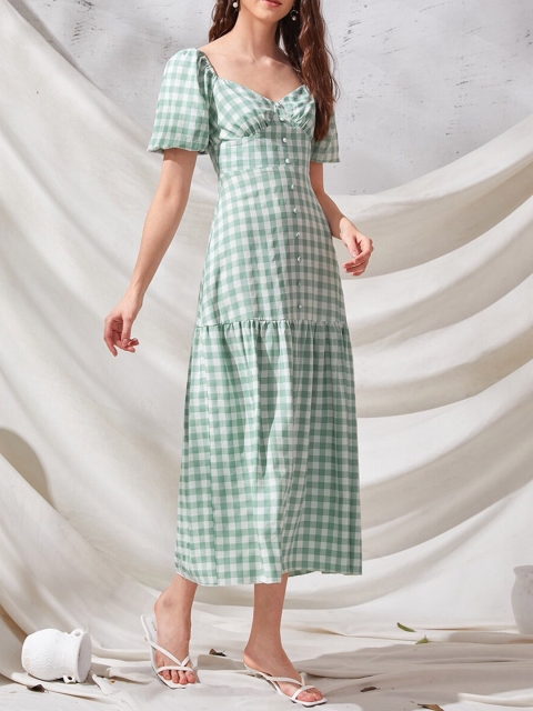 

URBANIC Green Checked A-Line Maxi Dress