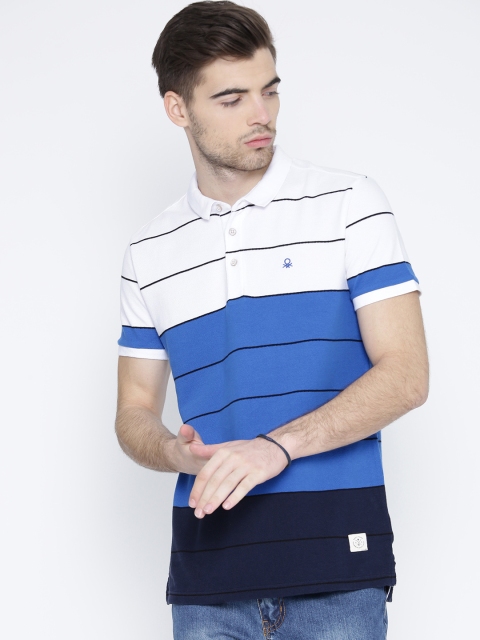 

United Colors of Benetton Men Blue Striped Polo Collar Pure Cotton T-shirt