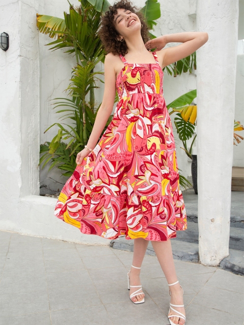 

URBANIC Red Tropical A-Line Midi Dress