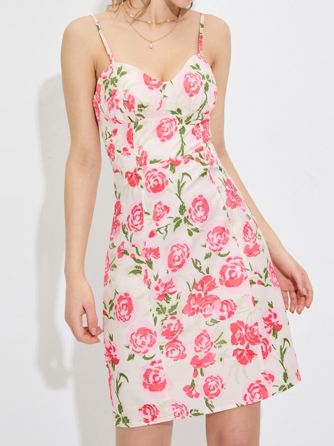 

URBANIC Pink & Green Floral A-Line Dress
