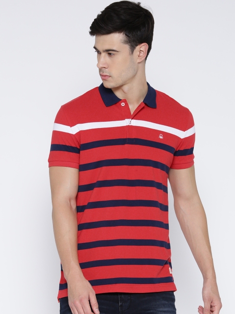 

United Colors of Benetton Men Red Striped Polo Collar T-shirt