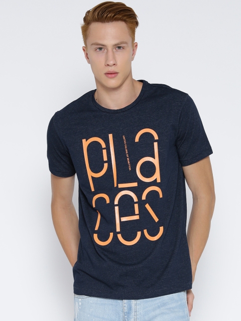 

United Colors of Benetton Men Navy Printed Round Neck T-shirt, Navy blue